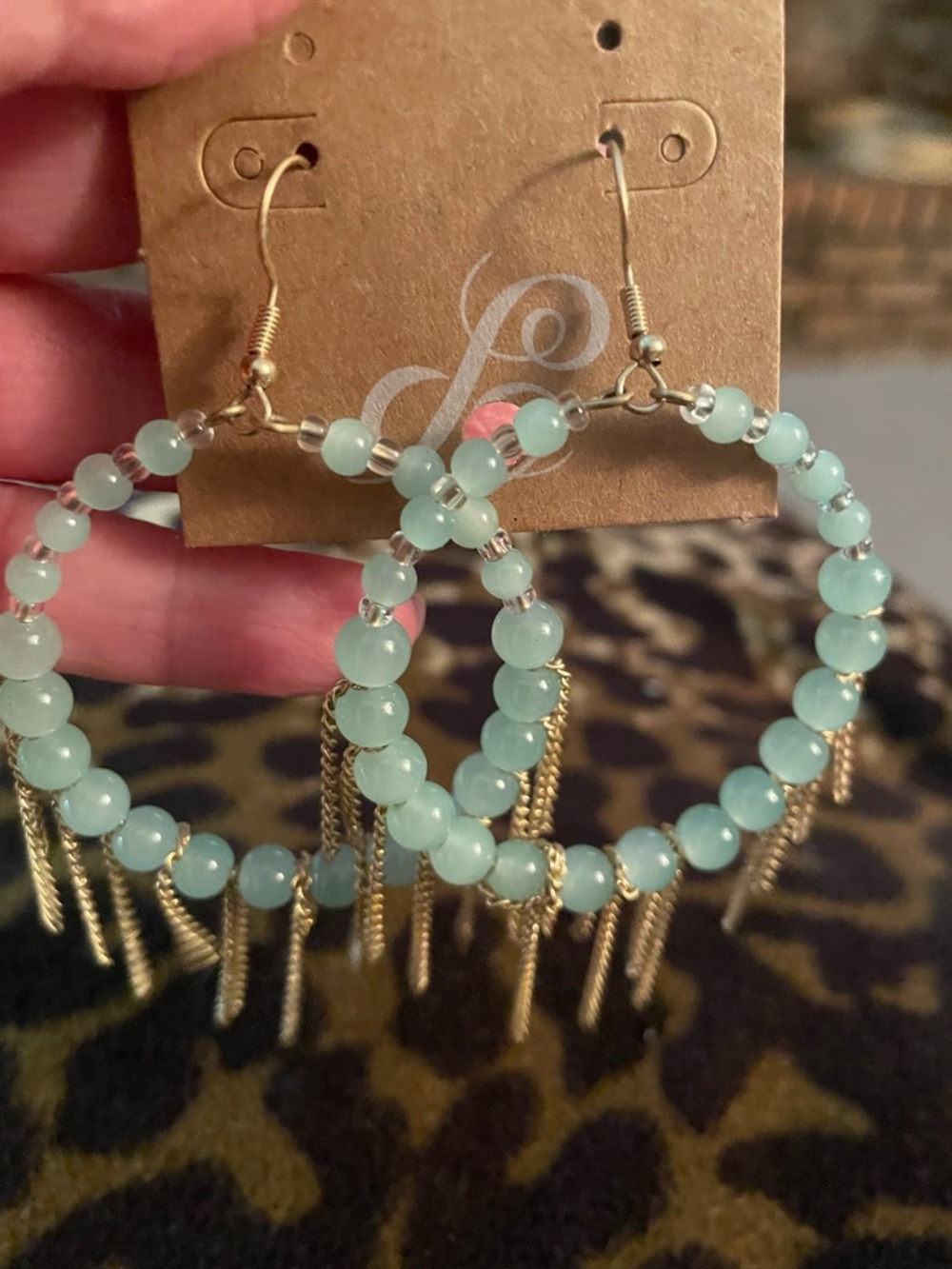 Light Green Beaded Hoop Earrings with Gold Tassels - Women Jewelry - Picture 3 of 3